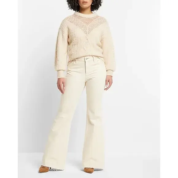 NWT Express Mid Rise Cream Raw Hem '70s Flare Jeans Size 2S 2 Short 28" x 29" - Picture 16 of 16